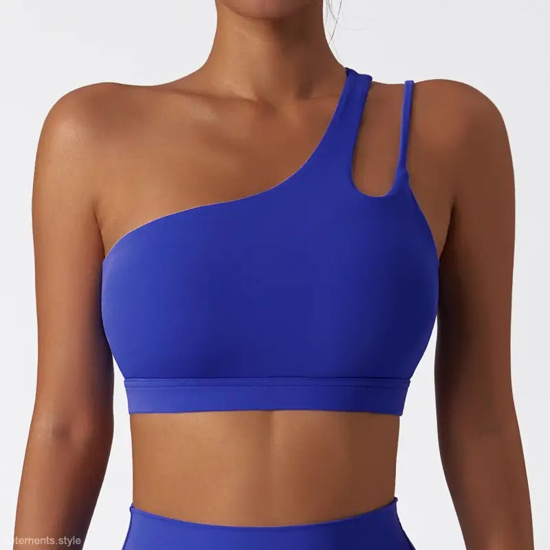 Blue one-shoulder sports bra from Light Gray Blue Sporty Polyester Cutout Back Single Strap Top