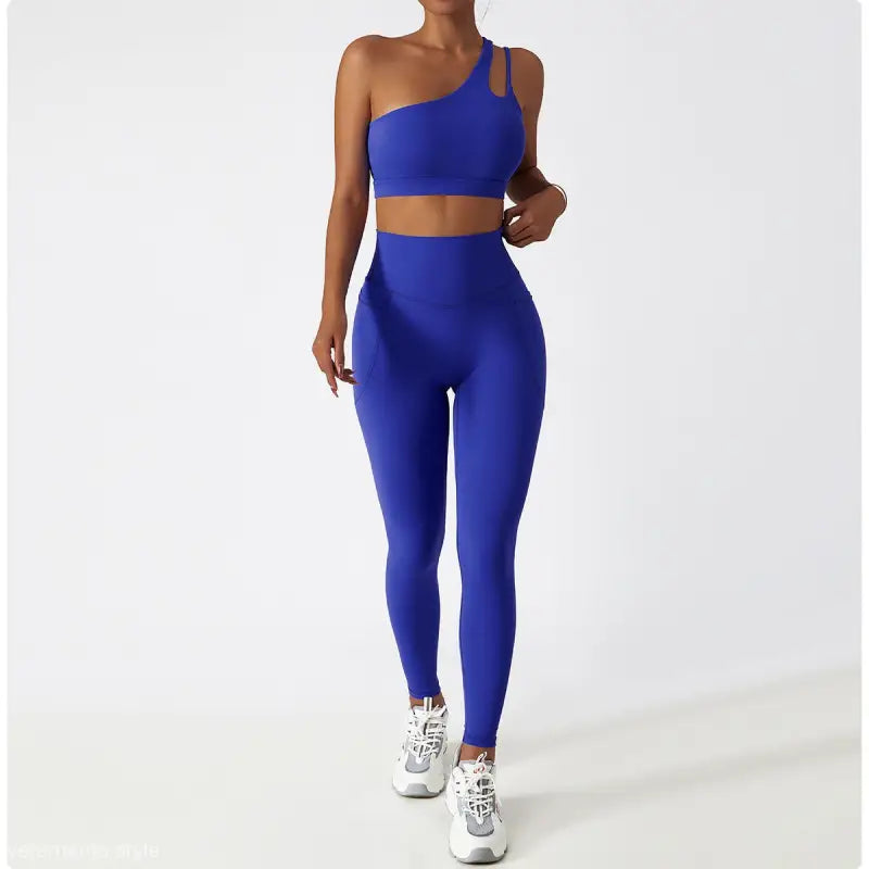 Blue one-shoulder workout set featuring Light Gray Blue Sporty Polyester Cutout Back Top