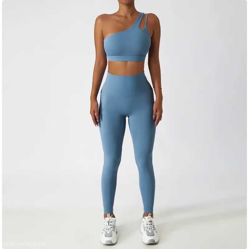 Blue one-shoulder athletic set featuring a Light Gray Blue Sporty Polyester Cutout Back Top