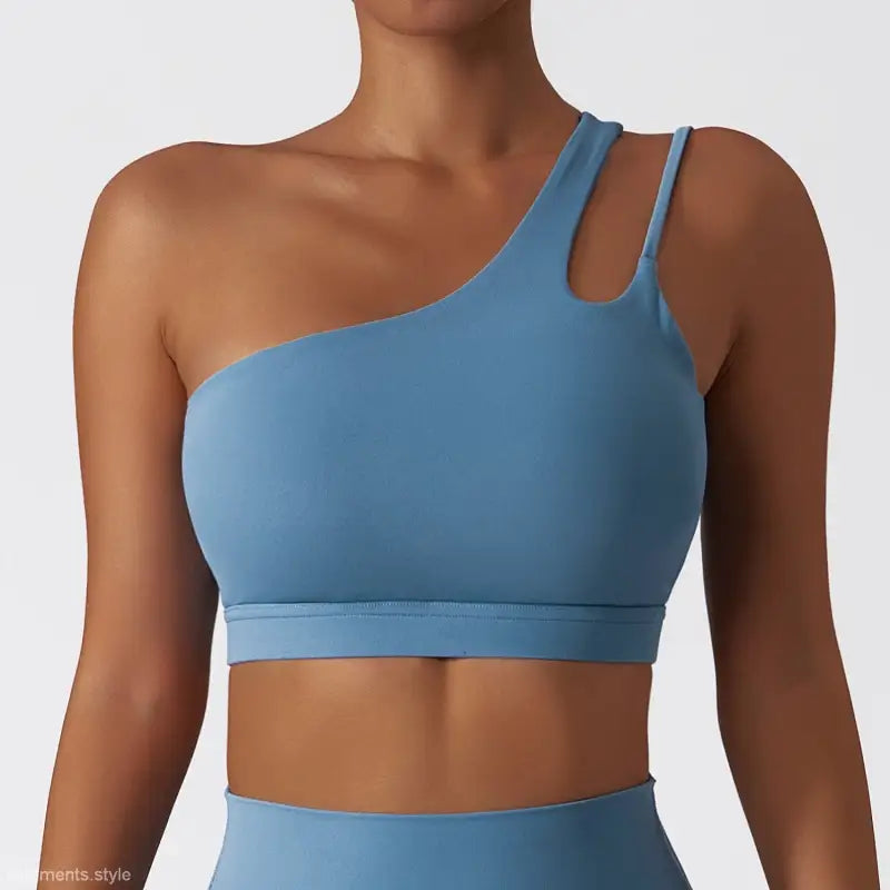 Blue one-shoulder sports bra from Light Gray Blue Sporty Polyester Cutout Back Collection