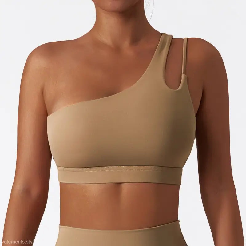 Tan one-shoulder sports bra from the Light Gray Blue Sporty Polyester Cutout Back Top