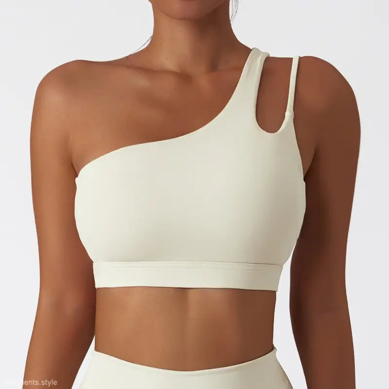 Cream-colored one-shoulder sports bra featured in Light Gray Blue Sporty Top