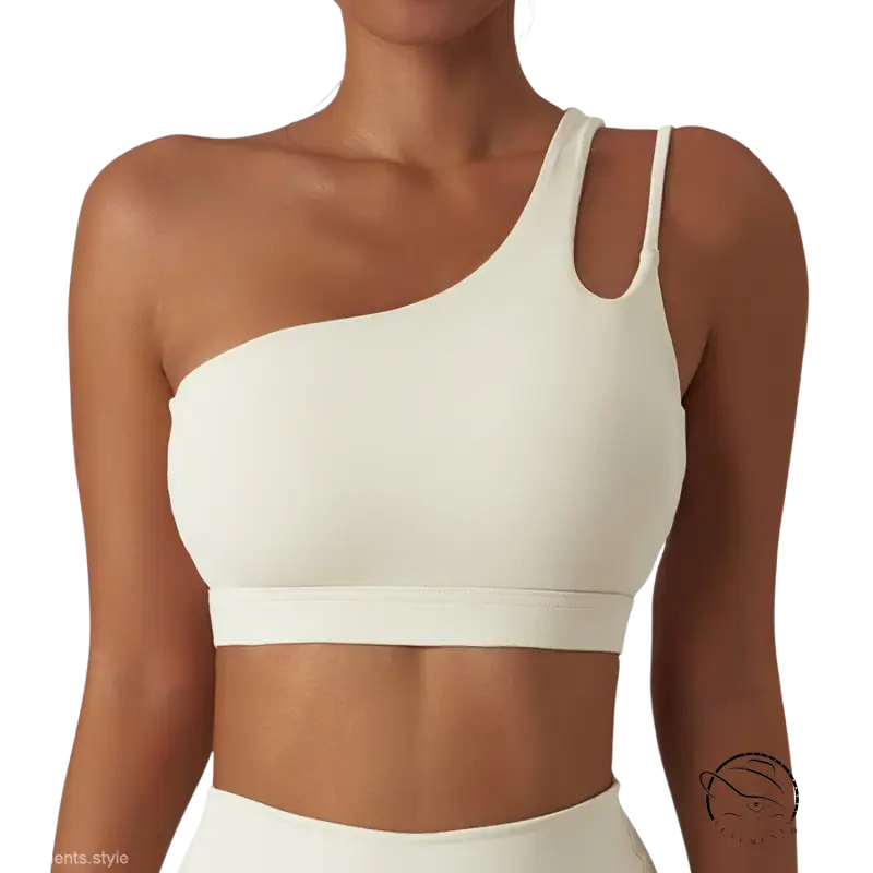 Light gray blue one-shoulder sports bra with cutout back