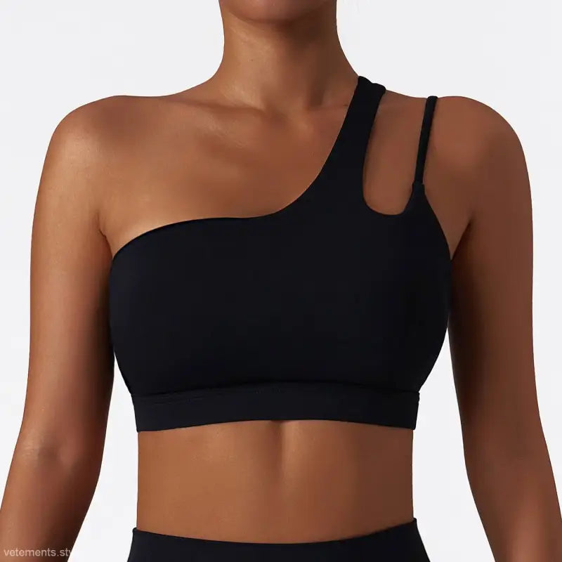 Black one-shoulder sports bra featured in Light Gray Blue Sporty Polyester Cutout Back Top