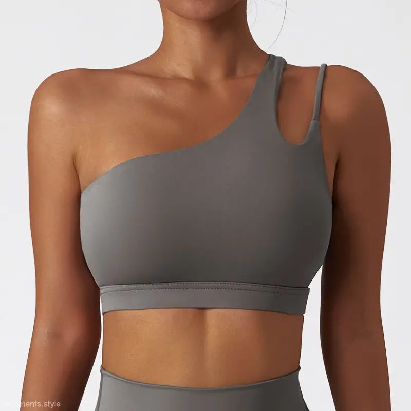 Light Gray Blue one-shoulder sports bra with cutout back in sporty polyester design