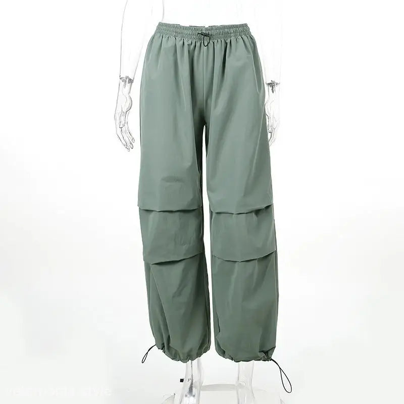 Green cargo pants from Light Gray Casual Cute Trousers collection featuring wide-leg style