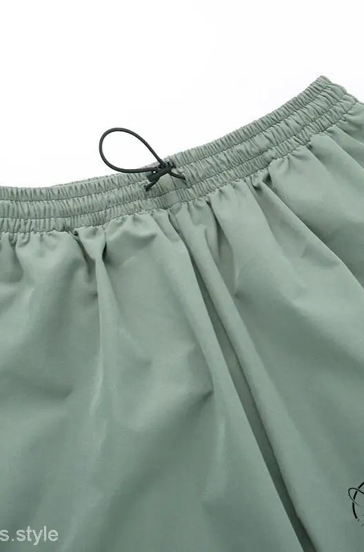 Light gray casual cute trousers with green drawstring waist pants