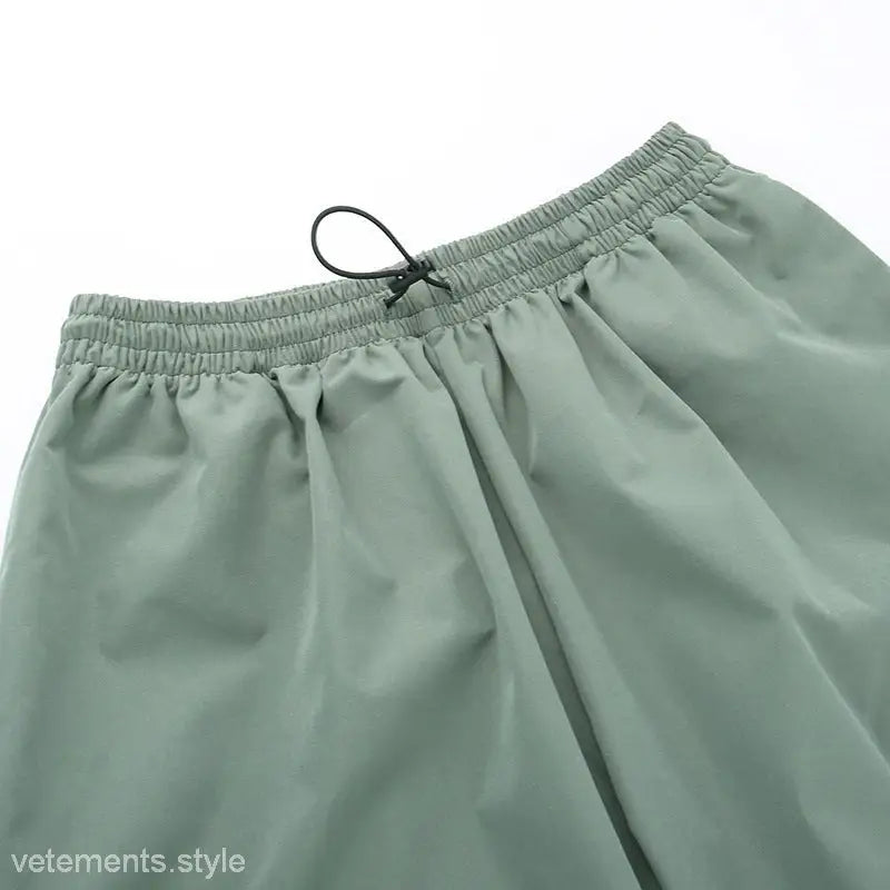 Green drawstring waist casual cute trousers in light gray polyester wide-leg cargo style