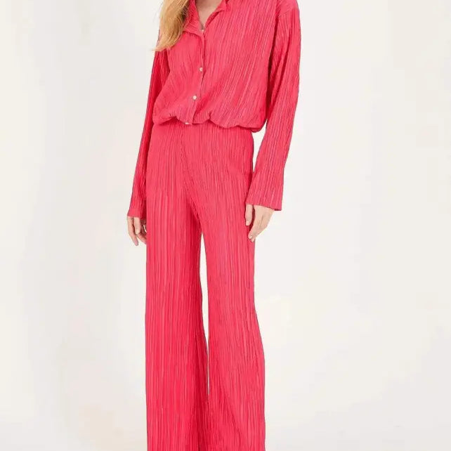 Crimson pleated pantsuit from the Beautiful Loose Casual Polyester Long Sleeve Top set featuring watermelon red hue and textured design