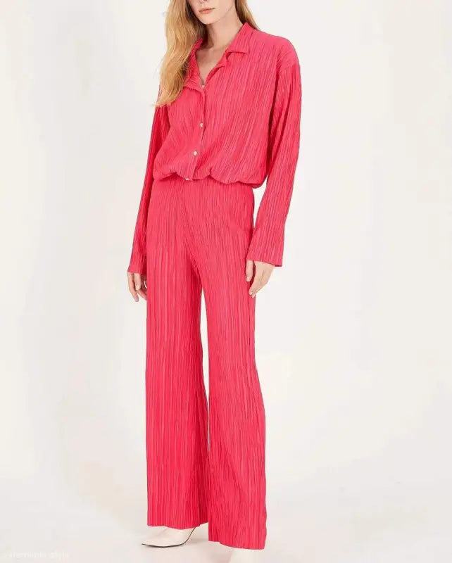 Crimson pleated pantsuit from the Beautiful Loose Casual Polyester Long Sleeve Top set featuring watermelon red hue and textured design
