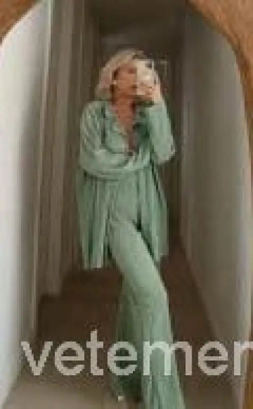 Sage green pajama set with textured loose casual style from Beautiful Long Sleeve Top set