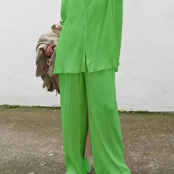 Bright green pleated pantsuit from Beautiful Loose Casual Polyester Long Sleeve Top set