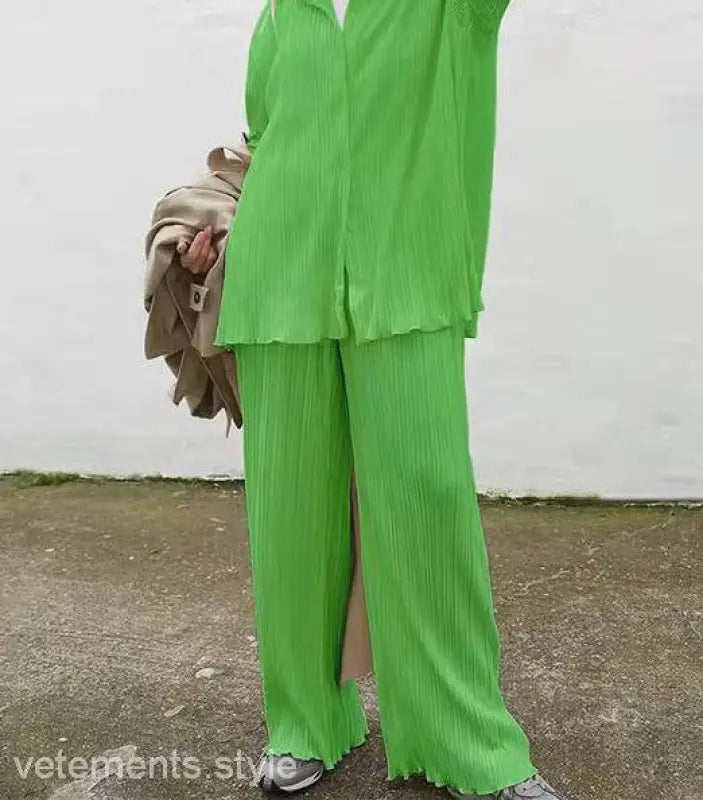 Bright green pleated pantsuit from Beautiful Loose Casual Polyester Long Sleeve Top set