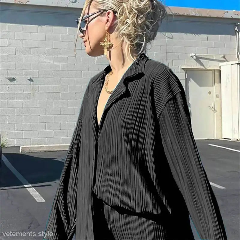 Black pleated shirt from Beautiful Loose Casual Polyester Long Sleeve Top set