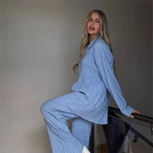 Light blue pleated pantsuit from Beautiful Loose Casual Polyester Long Sleeve Top set with texture