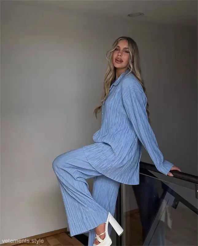 Light blue pleated pantsuit from Beautiful Loose Casual Polyester Long Sleeve Top set with texture