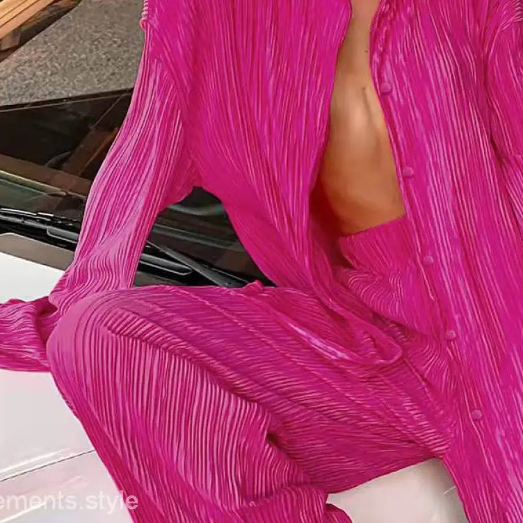 Bright pink pleated pantsuit from Beautiful Loose Casual Polyester Long Sleeve Top set