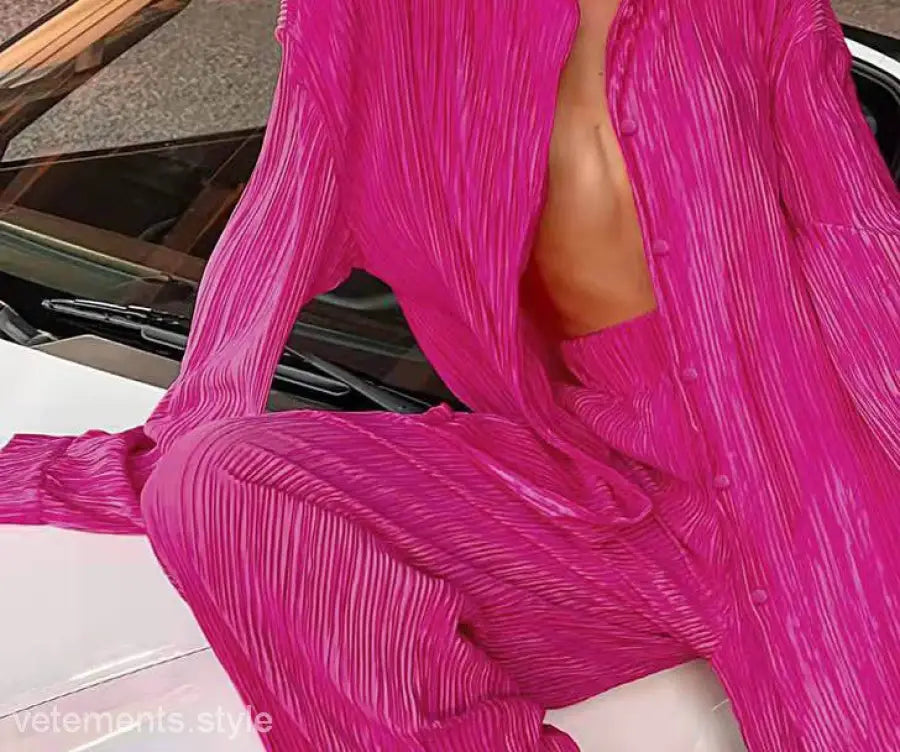 Bright pink pleated pantsuit from Beautiful Loose Casual Polyester Long Sleeve Top set