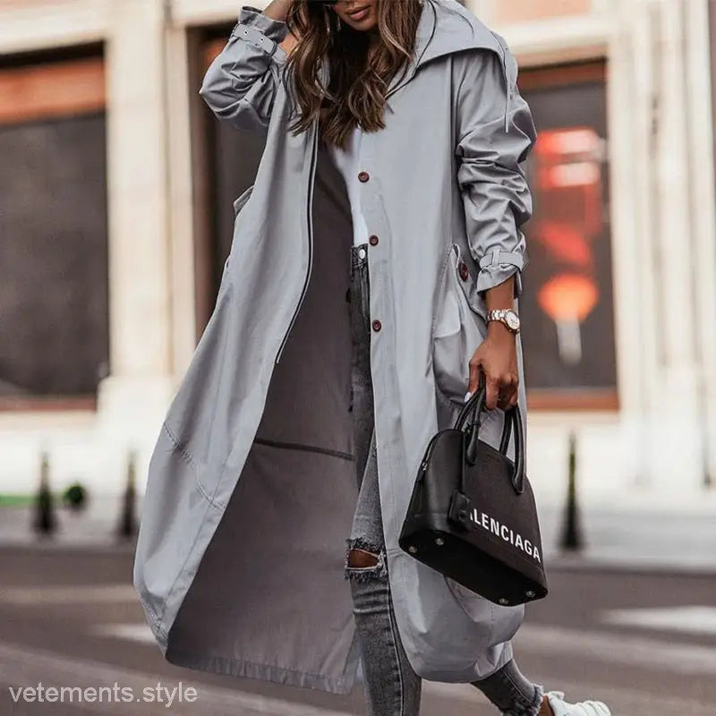 Light Gray Mid Length Trench Coat for Spring and Fall Wear displayed on a mannequin