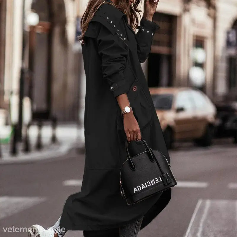 Light Gray Mid Length Trench Coat displayed with a Black Hooded Trench Coat