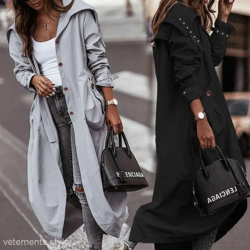 Light Gray Mid Length Trench Coat for Spring and Fall Wear displayed on a neutral background
