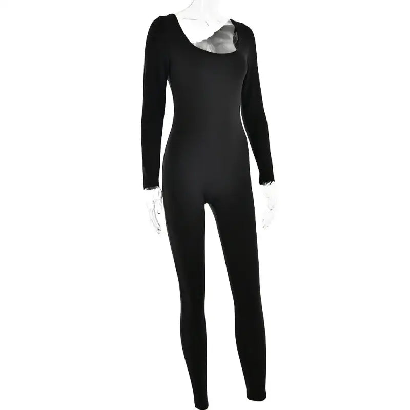 Black long-sleeved bodysuit showcased with Light Gray Soft Jumpsuit for Spring/Fall