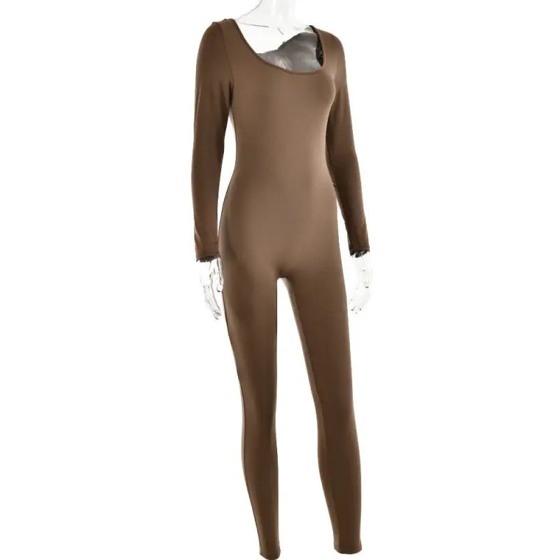 Brown full-body unitard showcasing a sexy soft jumpsuit in light gray ideal for spring