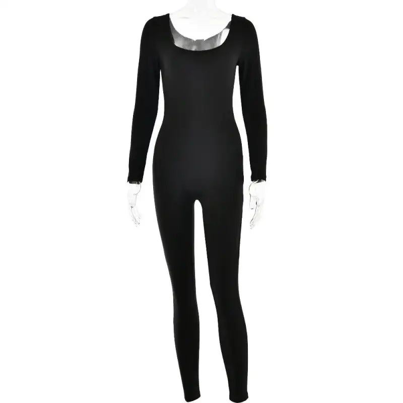 Black long-sleeved bodysuit paired with Light Gray Soft Jumpsuit for stylish spring/fall wear