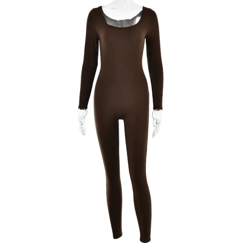 Brown long-sleeved bodycon jumpsuit, part of the Light Gray Soft Jumpsuit collection