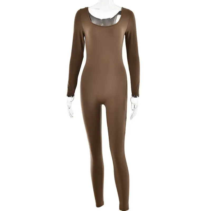Brown full-body unitard with long sleeves perfect for layering under a light gray soft jumpsuit