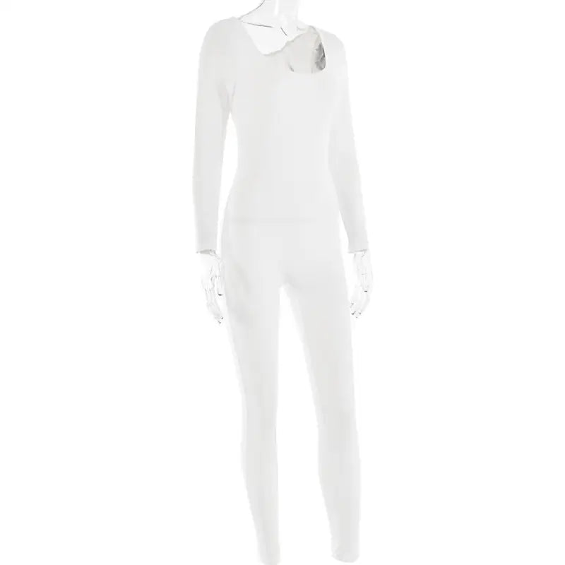 White full-body mannequin showcasing a light gray soft jumpsuit with long sleeves