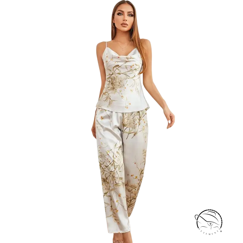 Woman in light green cherry ice silk pajamas set, regular fit