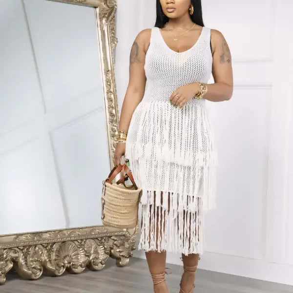White fringed knit dress, elegant knitted beach dress with fringe detail for summer wear