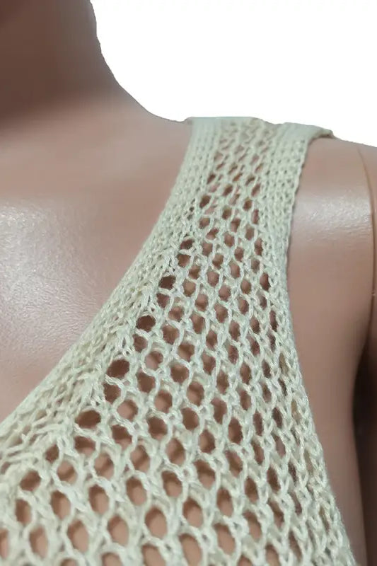 Light green crocheted tank top from the Knitted Beach Dress with Elegant Fringe Detail