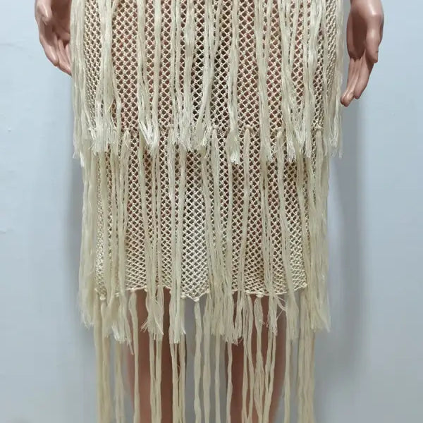 Beige crocheted fringe dress, elegant knitted beach dress with stylish fringe detail