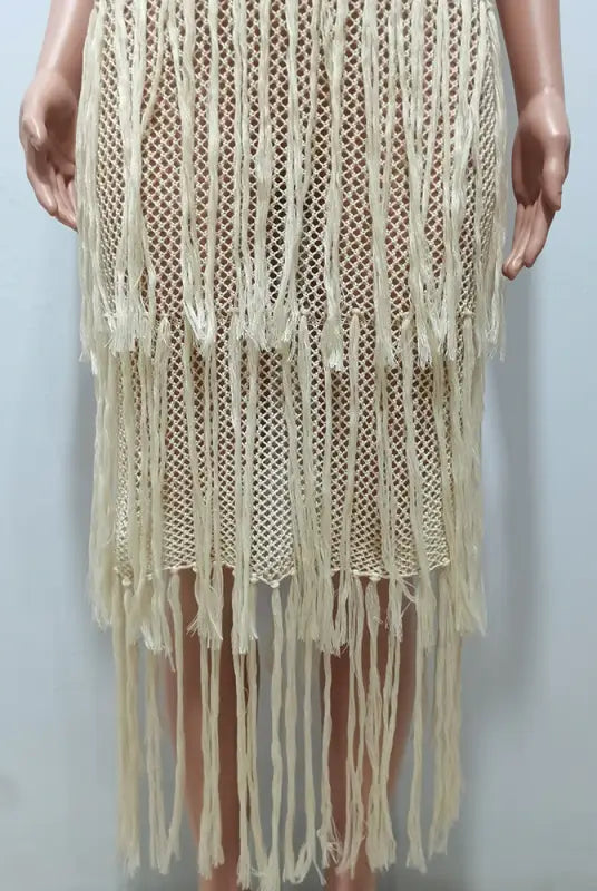 Beige crocheted fringe dress, elegant knitted beach dress with stylish fringe detail