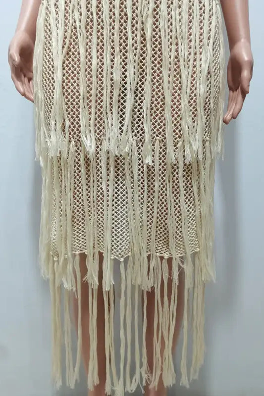 Beige crocheted fringe dress, elegant knitted beach dress with stylish fringe detail