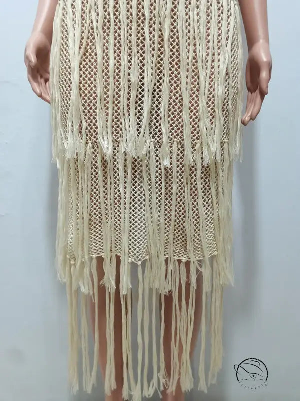 Beige crocheted fringe knitted beach dress with elegant detail