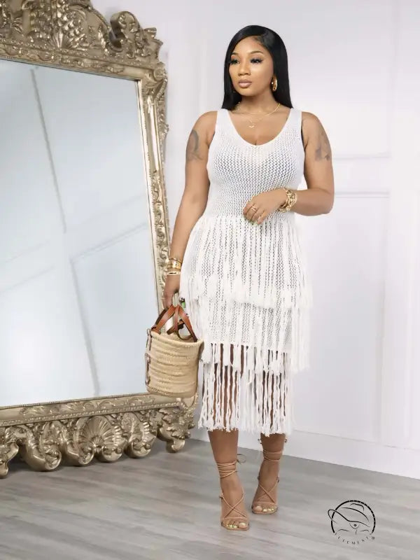 White fringed knitted beach dress in light green