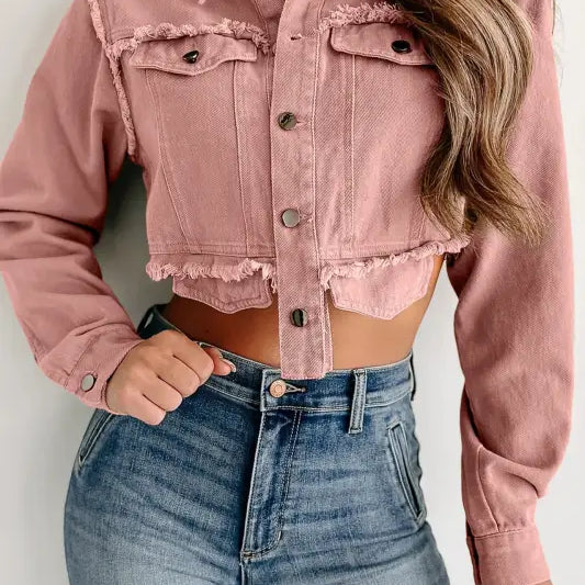 Pink cropped denim jacket with tassel frayed hem, lightweight khaki casual style