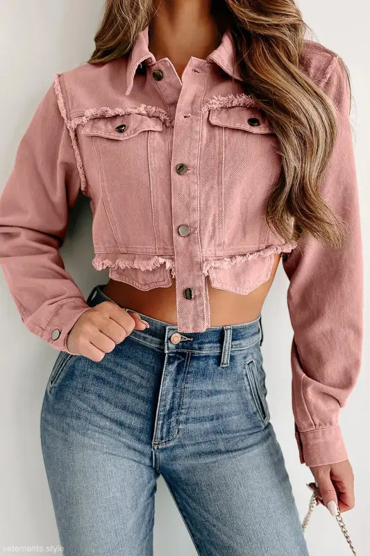 Pink cropped denim jacket with tassel frayed hem, lightweight khaki casual style