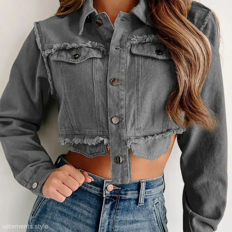 Gray cropped denim jacket with tassel frayed hem in light khaki casual style