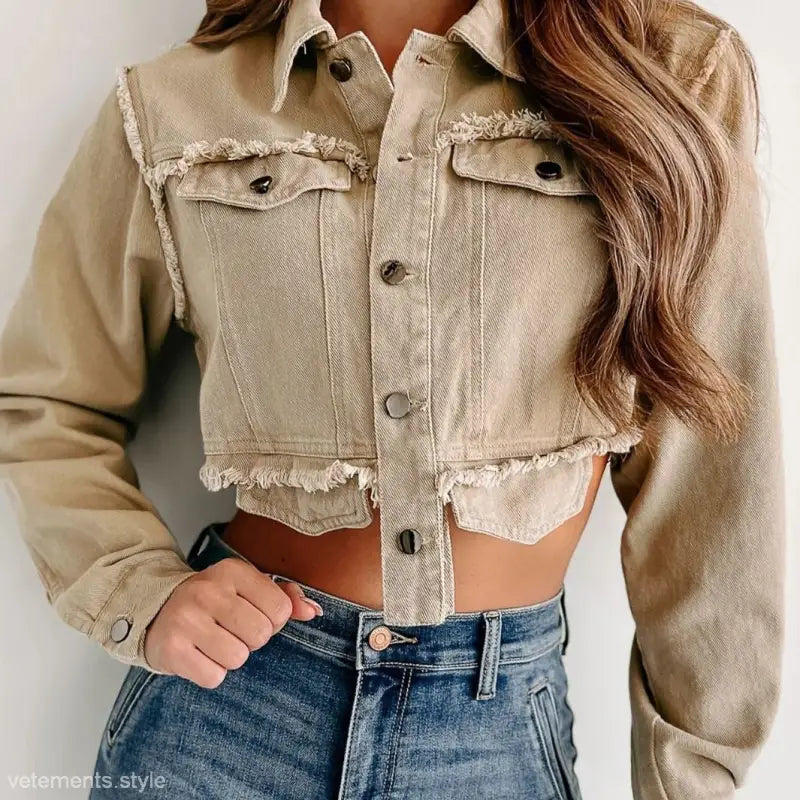 Cropped tan light khaki tassel frayed hem jacket with button pockets and casual style