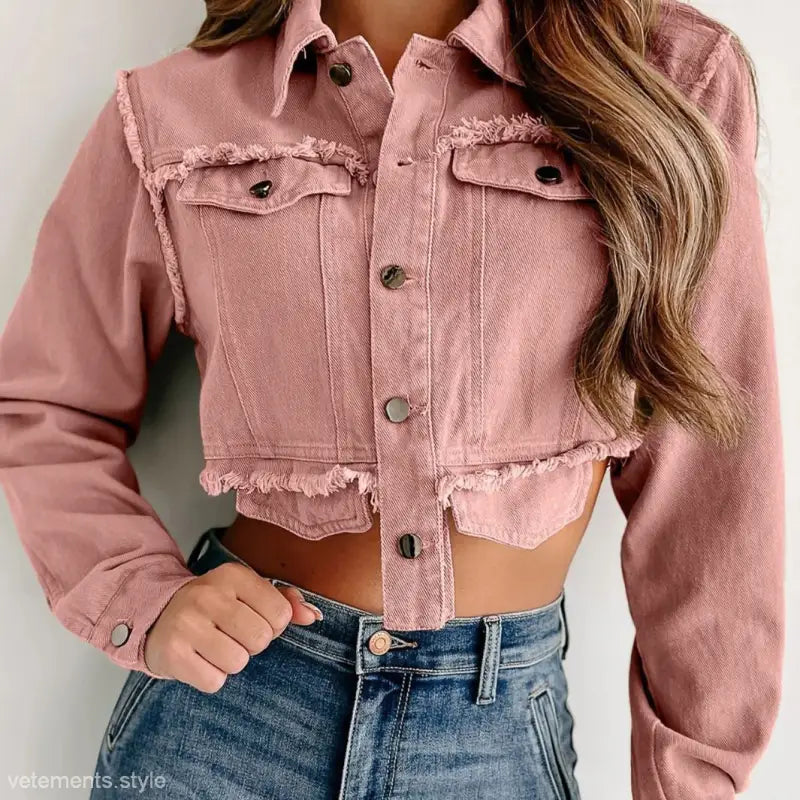 Pink cropped denim jacket with tassel frayed hem and casual style in light khaki