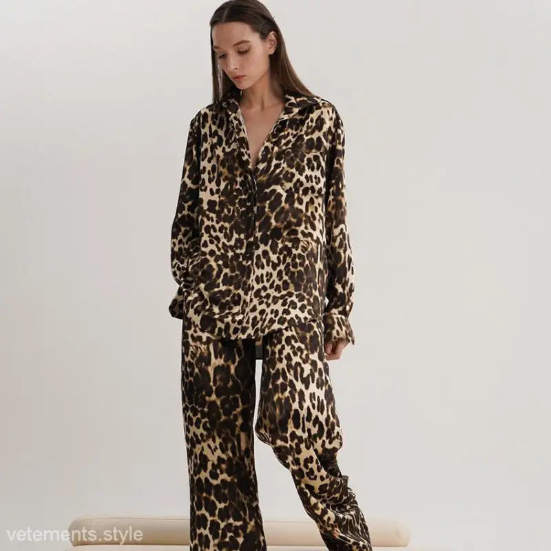 Light luxury leopard pajamas featuring a button-up shirt and loose pants for elegant comfort