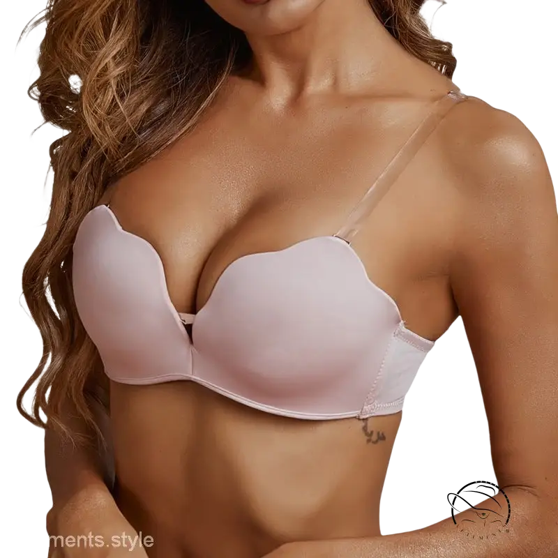 Light pink wireless bra with removable clear shoulder straps and padding