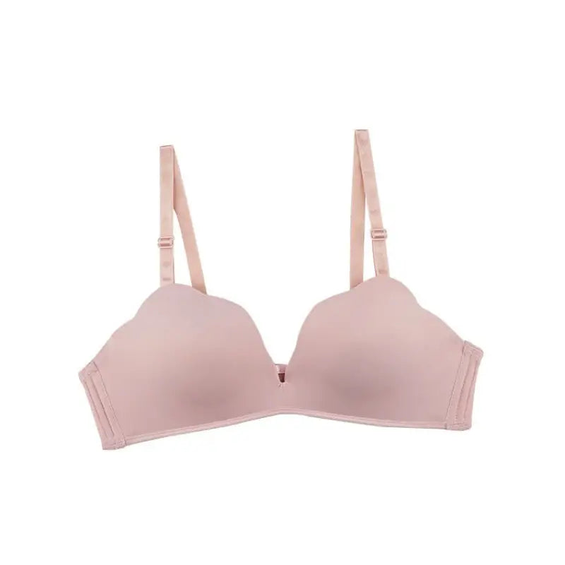 Light pink wireless bra with adjustable shoulder straps and removable padding