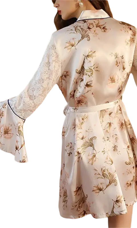 Light satin nightgown in white satin with brown gold floral pattern, bell sleeves and belt