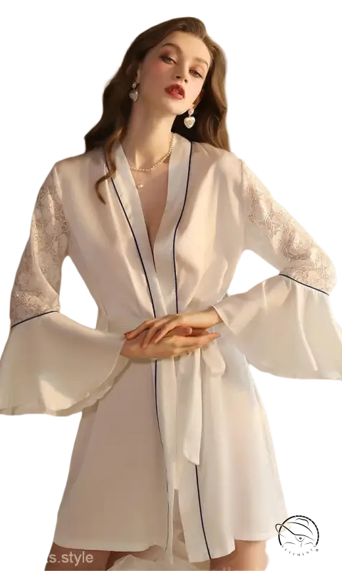 Light satin nightgown in white with lace sleeves and black piping edges