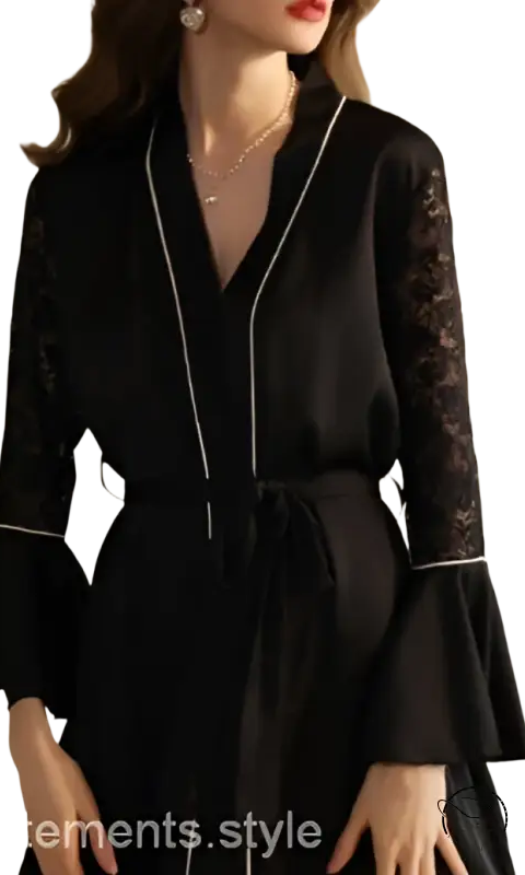 Light satin nightgown with lace sleeves, tulle, and white piping details